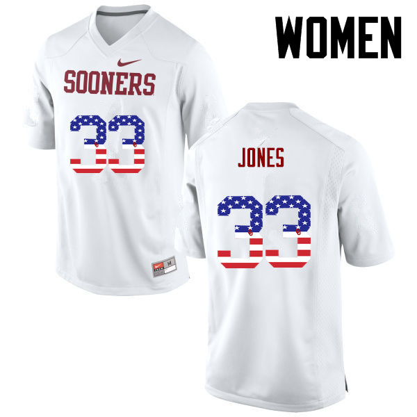 Women Oklahoma Sooners #33 Ryan Jones College Football USA Flag Fashion Jerseys-White - Click Image to Close